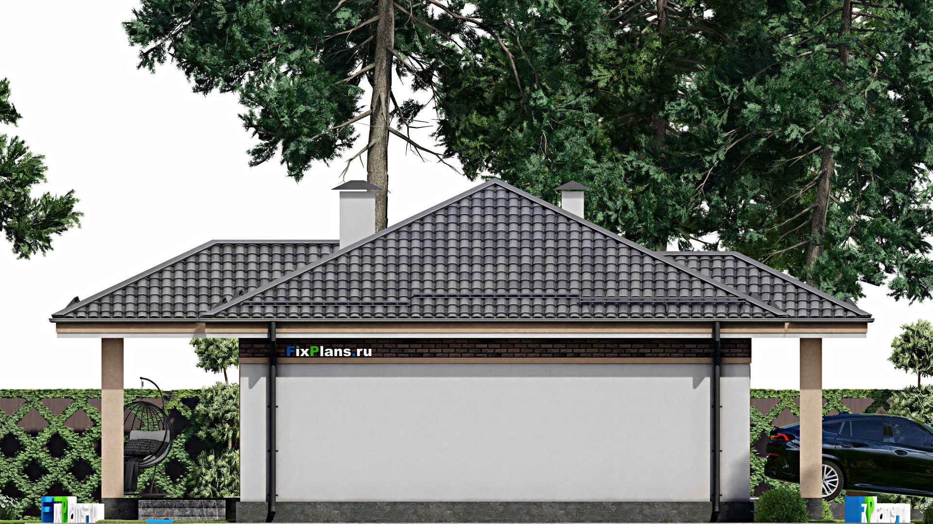 F-8729 - План одноэтажного дома 12 на 23, площадью 170 м² с террасой, гаражом на 1 машину и 3 спальнями