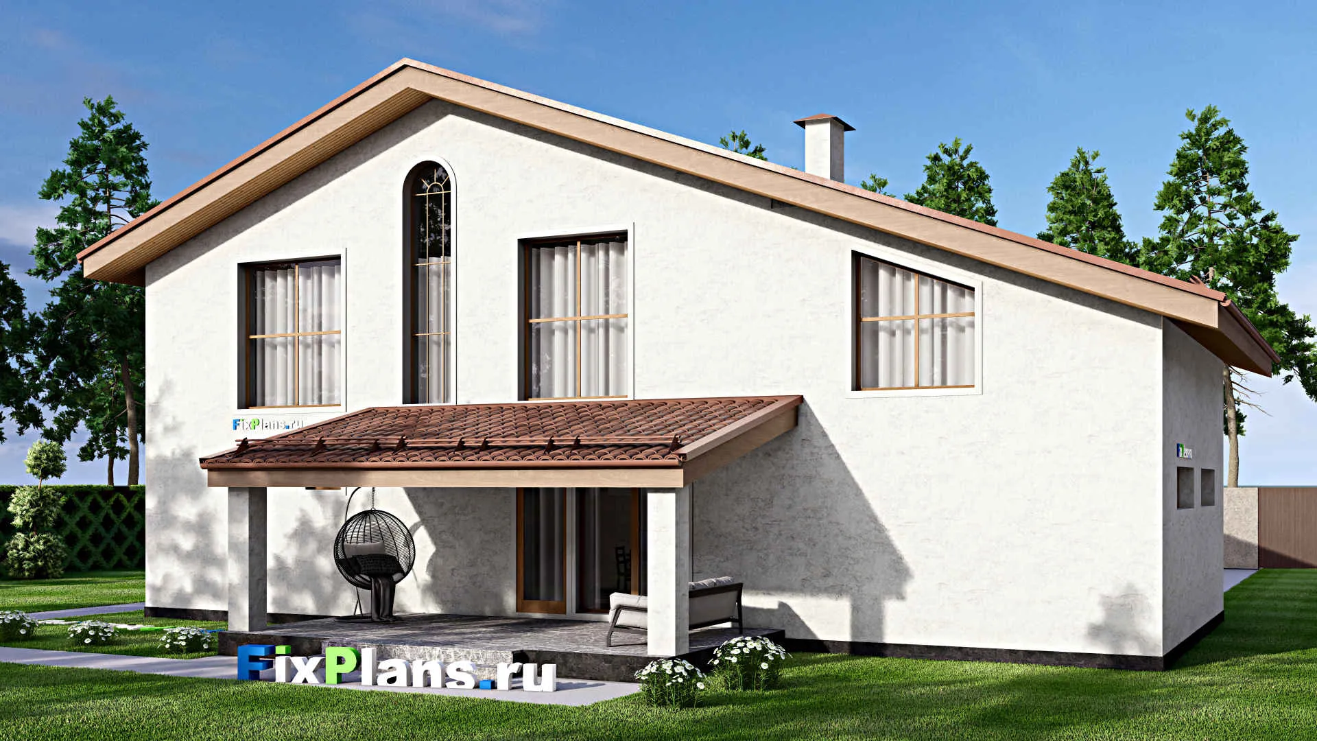 F-13094 - Проект дома с мансардой 12 на 18, площадью 230 м² с террасой, балконом, гаражом на 1 машину и 4 спальнями