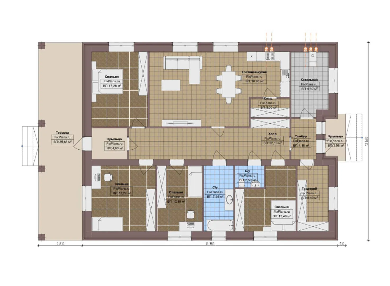 F-3788 - План одноэтажного дома 13 на 17, площадью 200 м² с террасой и 4 спальнями