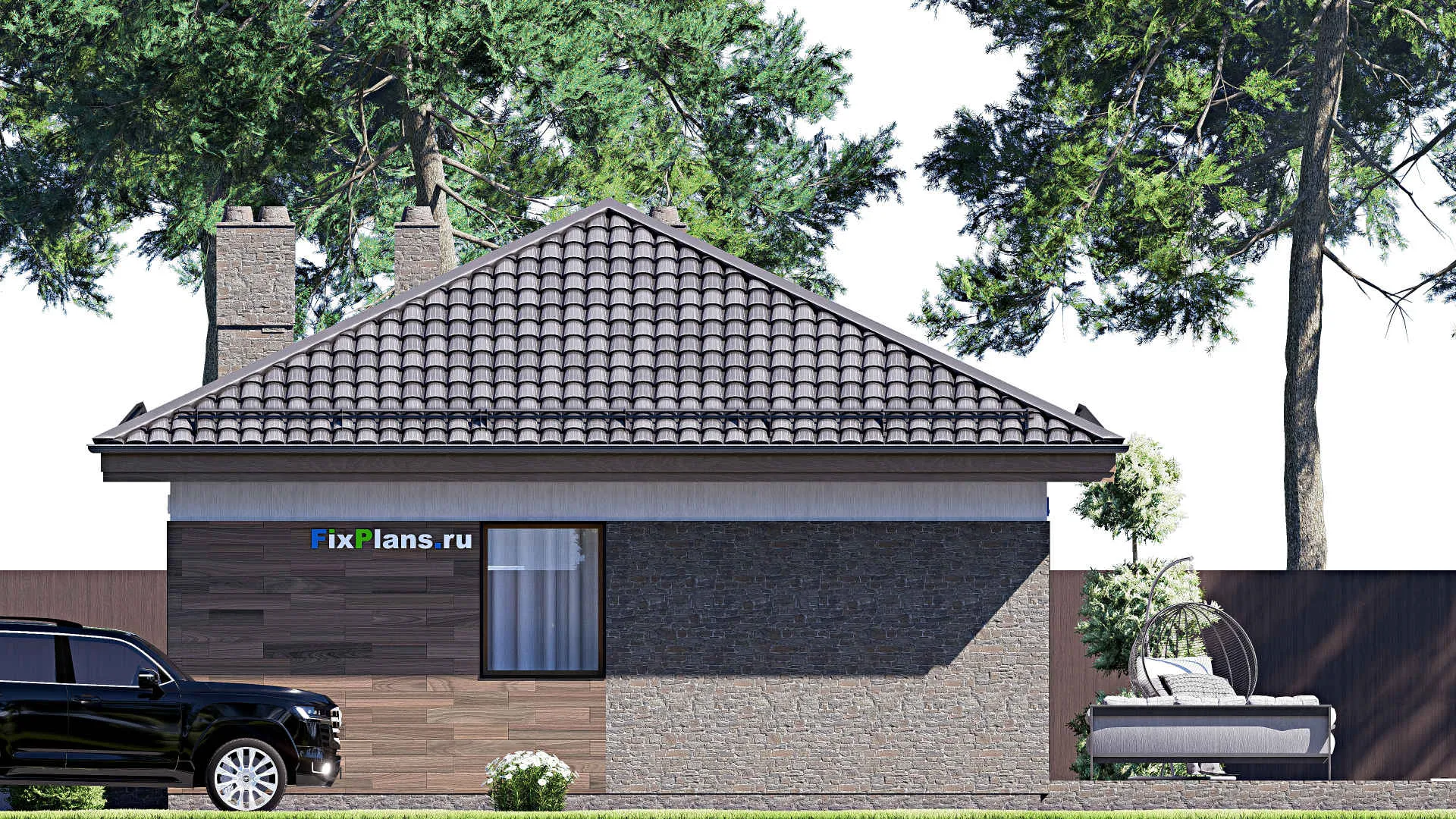 F-16442 - Проект одноэтажного дома 9 на 15, площадью 90 м² с террасой и 1 спальнями