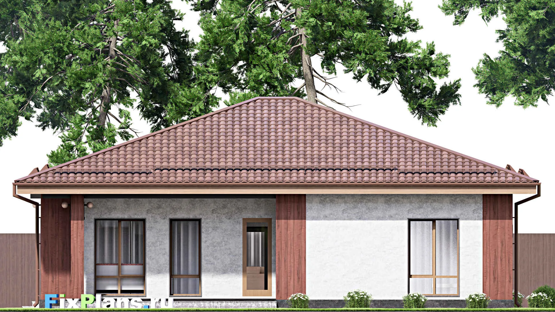 F-14417 - Проект одноэтажного дома 14 на 15, площадью 160 м² с террасой и 3 спальнями