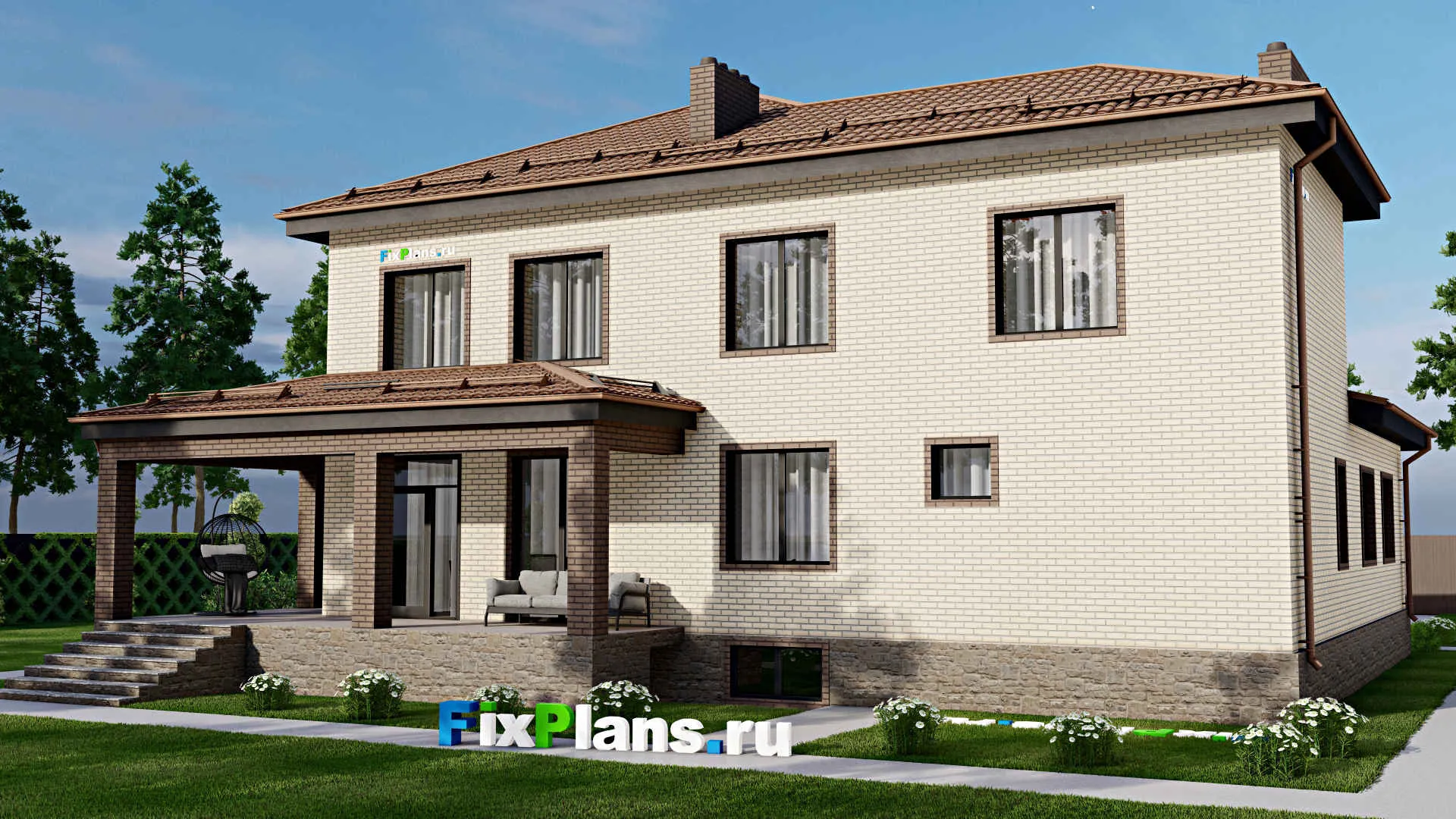 F-3086 - Проект двухэтажного дома 17 на 18, площадью 410 м² с террасой, цокольным этажом, баней, гаражом на 1 машину и 5 спальнями