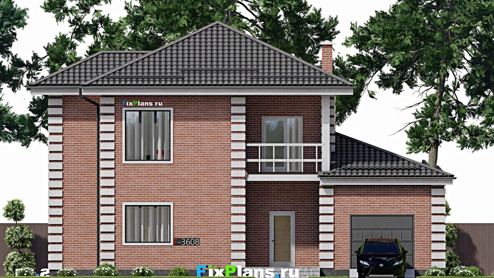 F-3608 - Проект двухэтажного дома 15 на 16, площадью 270 м² с террасой, балконом, гаражом на 2 машины и 4 спальнями