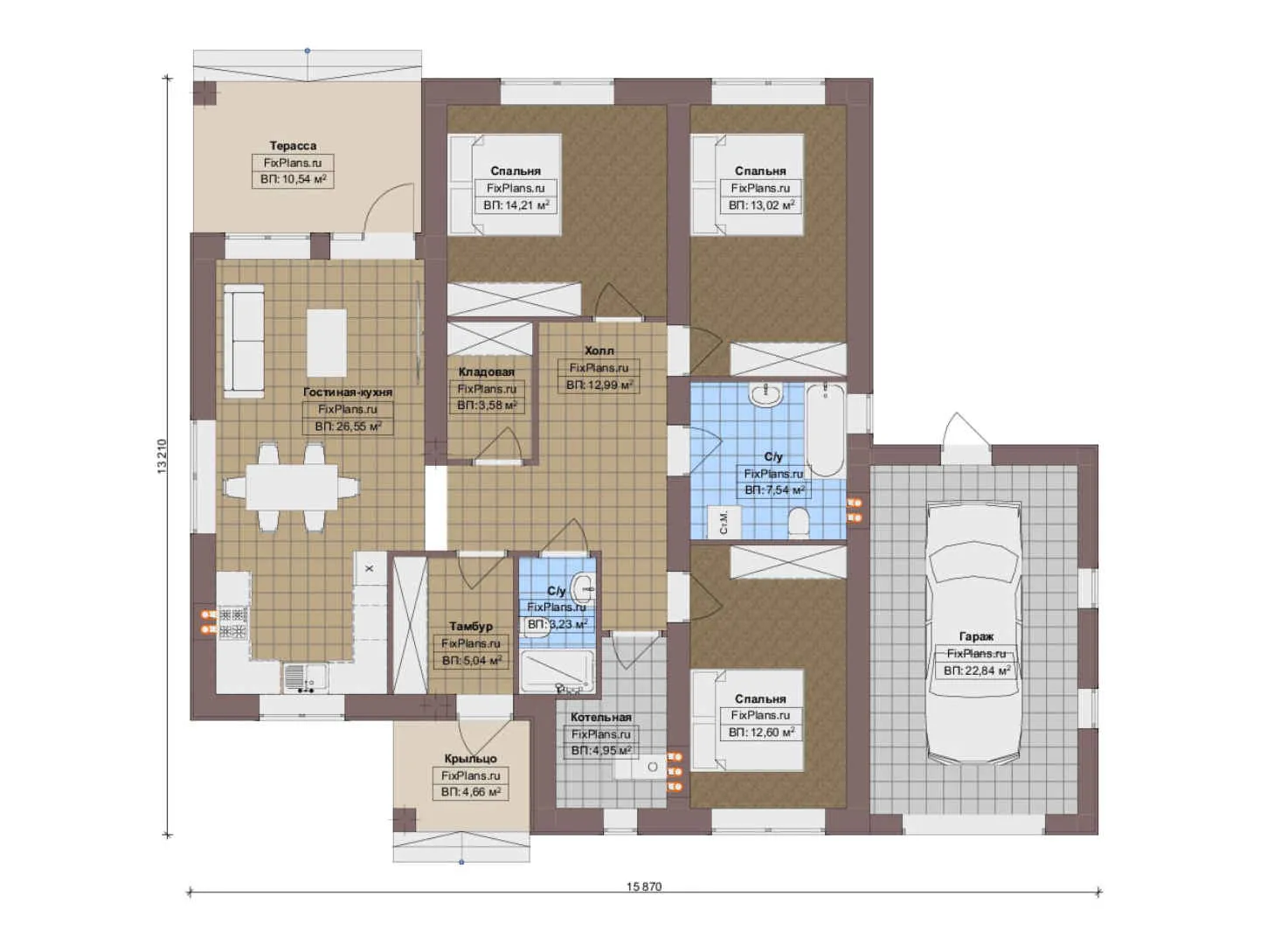 F-14462 - План одноэтажного дома 14 на 16, площадью 150 м² с террасой, гаражом на 1 машину и 3 спальнями