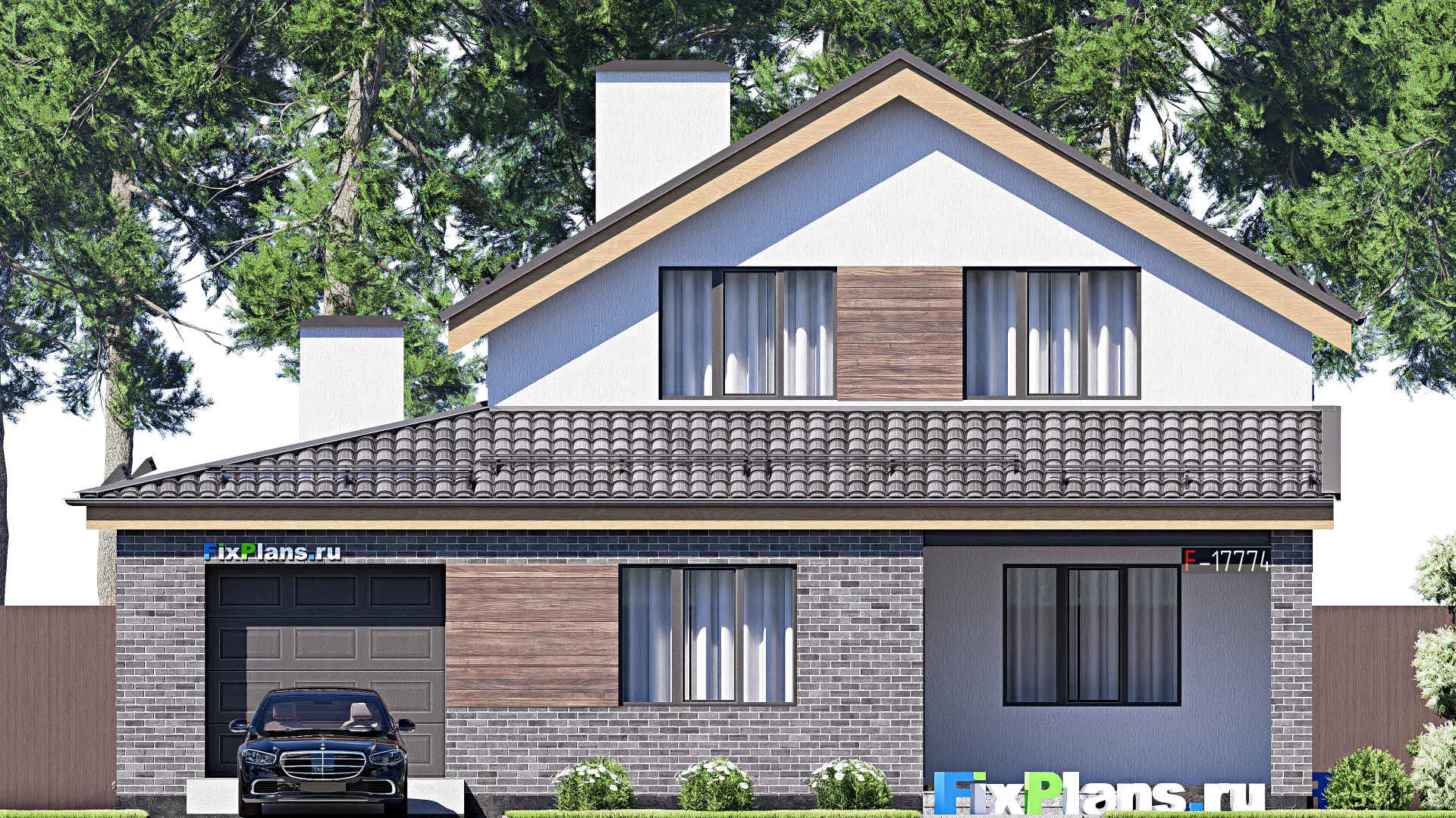 F-17774 - Проект дома с мансардой 14 на 16, площадью 270 м² с террасой, балконом, гаражом на 1 машину и 4 спальнями