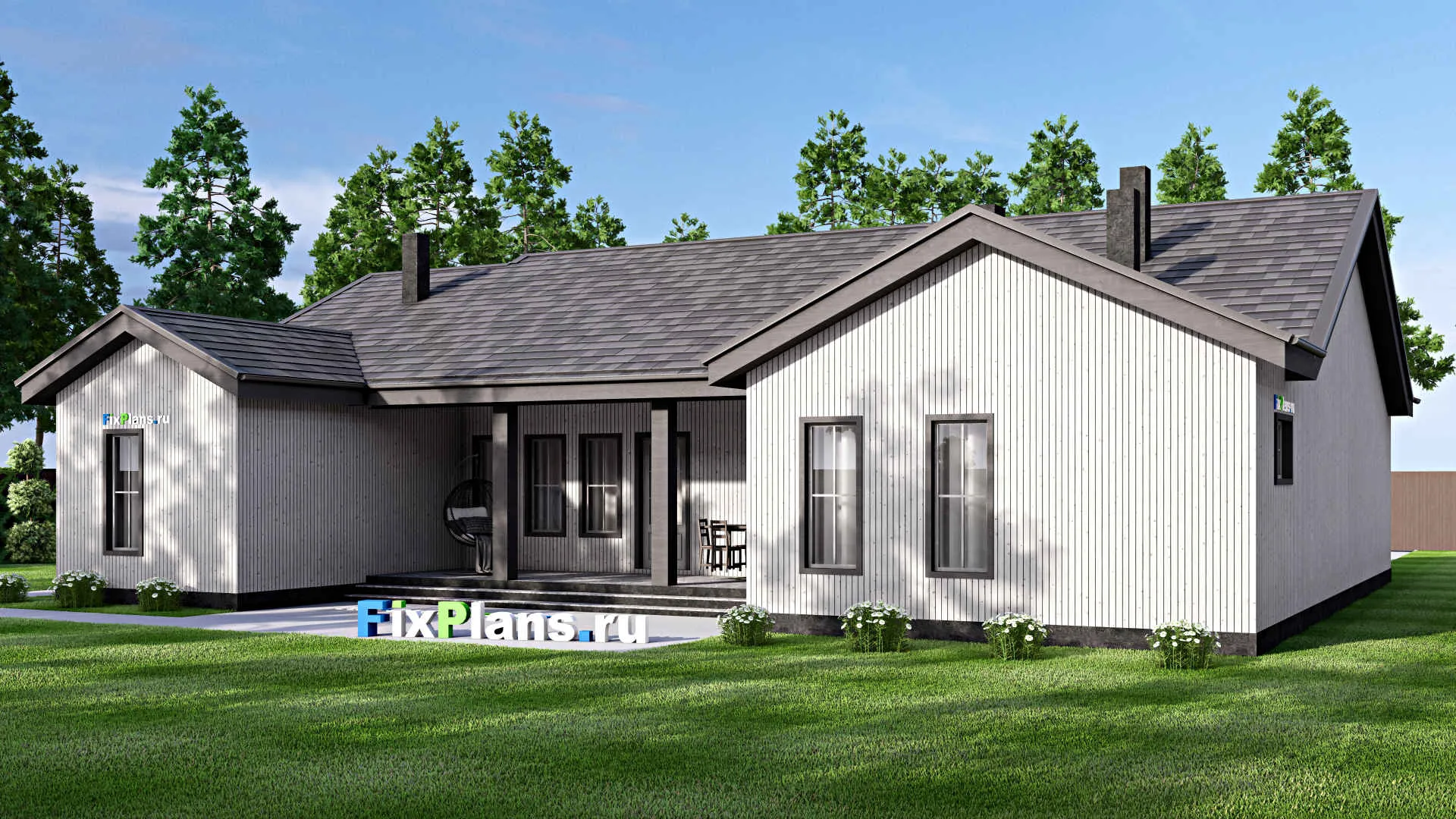 F-16505 - Проект одноэтажного дома 17 на 20, площадью 480 м² с террасой, гаражом на 2 машины и 3 спальнями