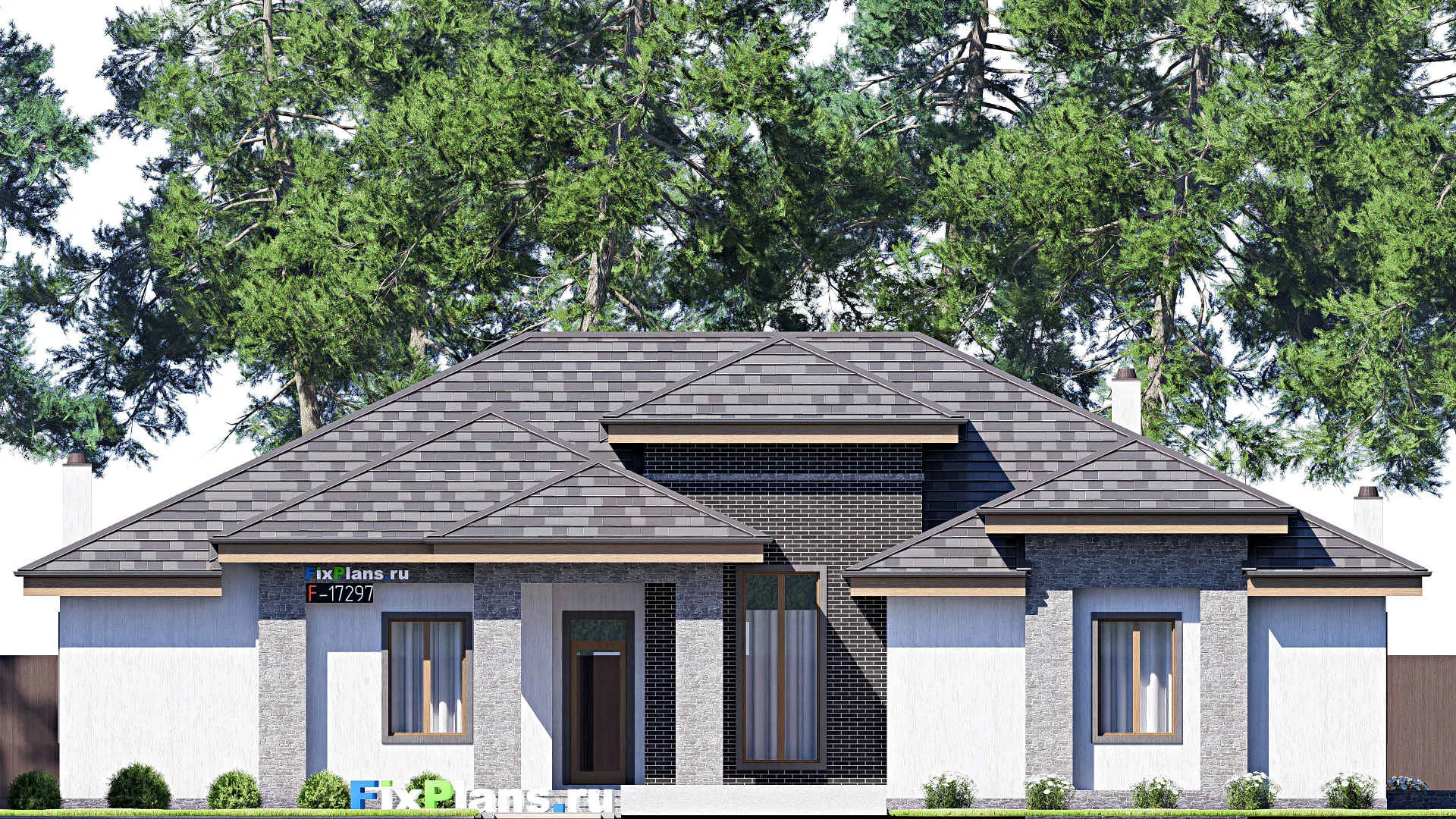 F-17297 - План одноэтажного дома 20 на 24, площадью 300 м² с террасой, гаражом на 2 машины и 4 спальнями