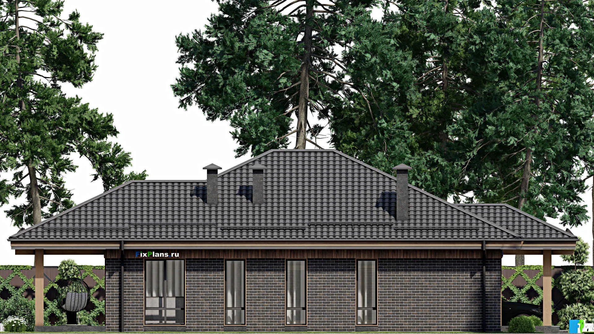 F-5390 - Проект одноэтажного дома 12 на 14, площадью 150 м² с террасой и 3 спальнями