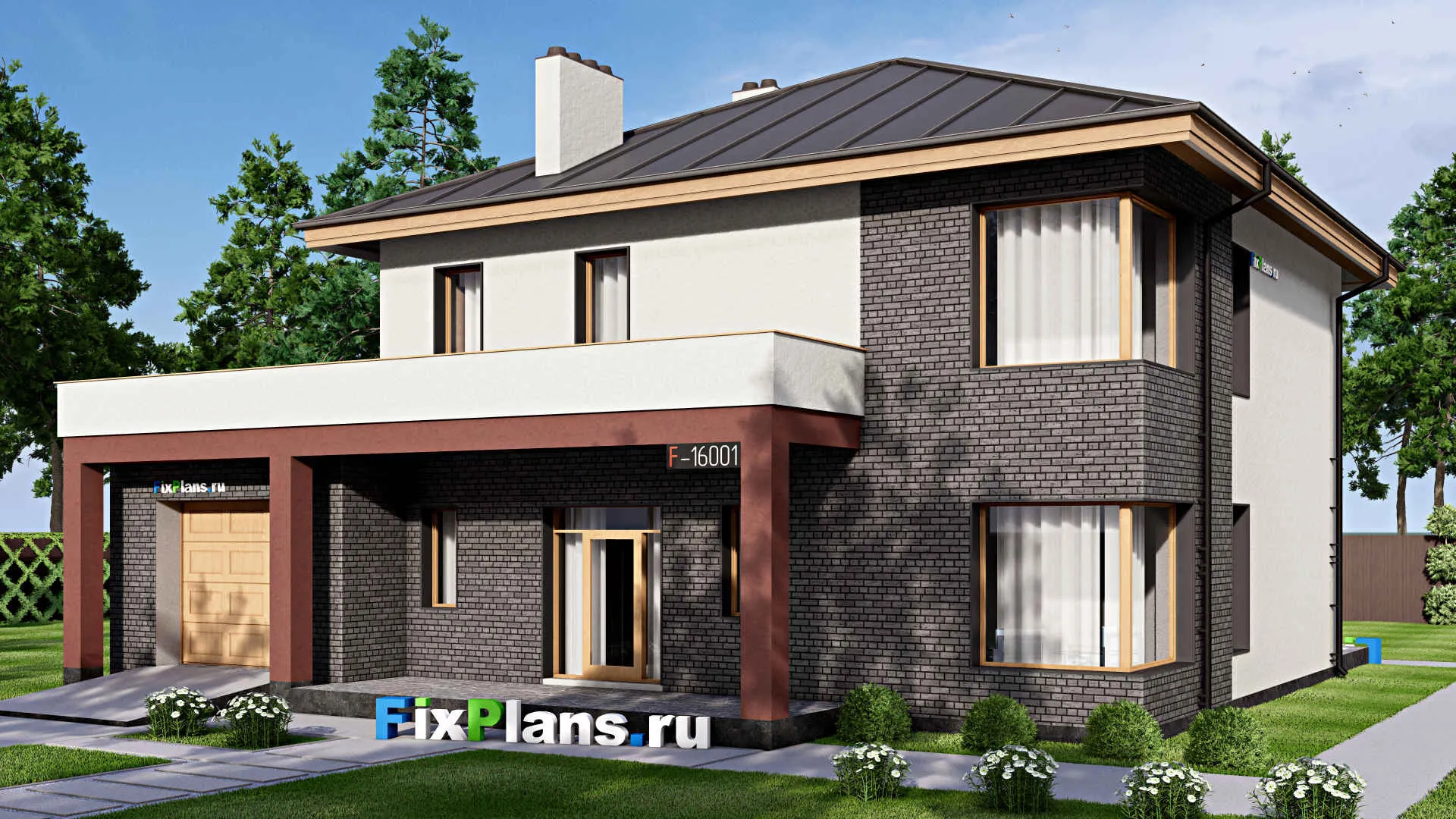 F-16001 - Проект двухэтажного дома 16 на 16, площадью 290 м² с террасой, балконом, гаражом на 1 машину и 4 спальнями