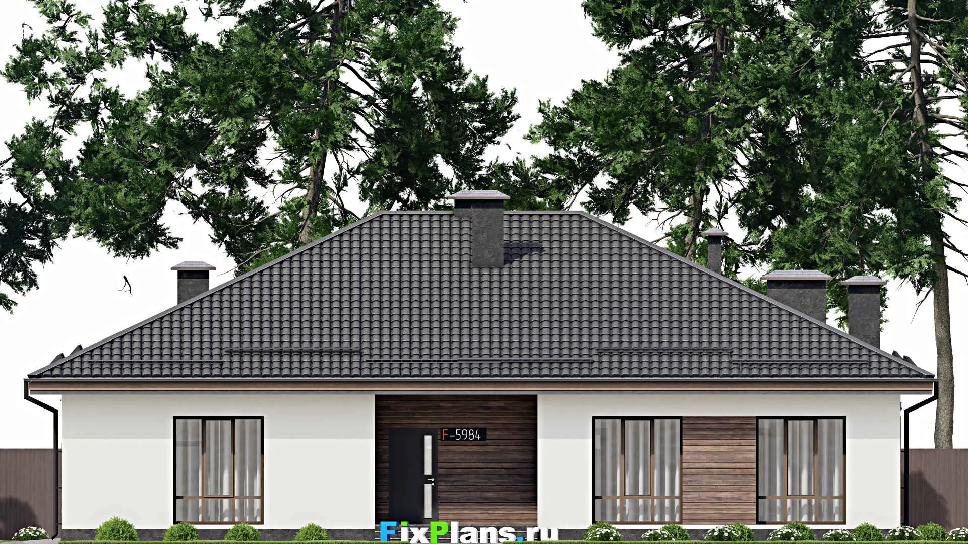 F-5984 - Проект одноэтажного дома 13 на 19, площадью 230 м² с террасой, гаражом на 2 машины и 3 спальнями