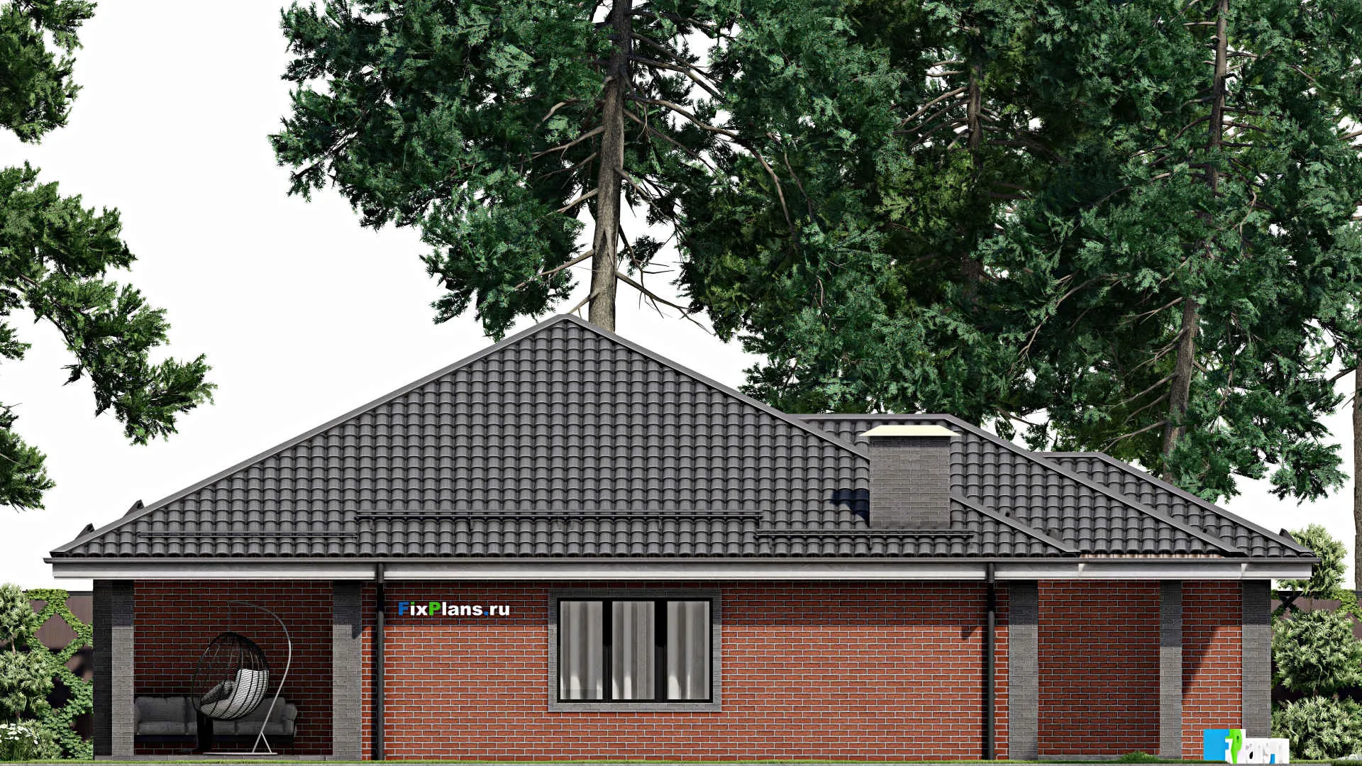 F-4013 - План одноэтажного дома 13 на 17, площадью 150 м² с террасой, гаражом на 1 машину и 3 спальнями