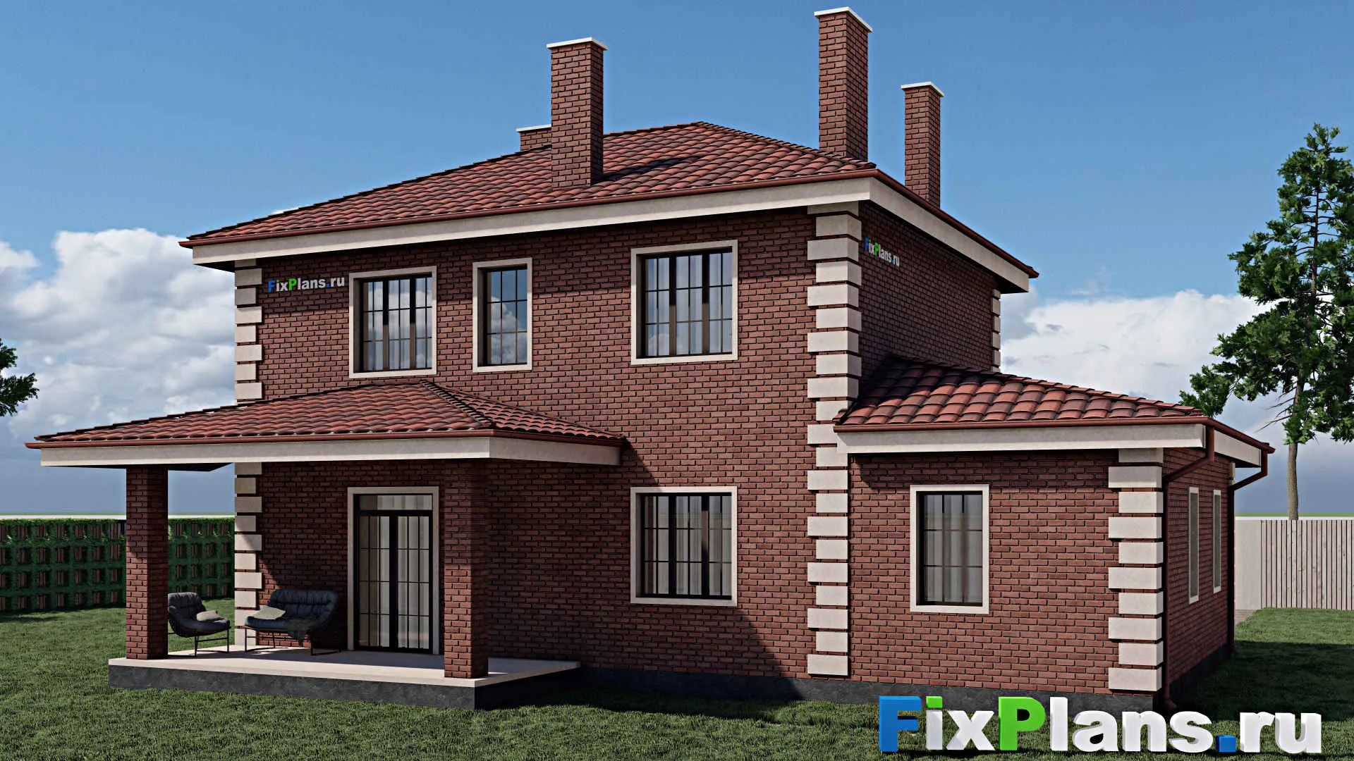 F-0593 - Проект двухэтажного дома 10 на 14, площадью 170 м² с террасой, гаражом на 1 машину и 5 спальнями