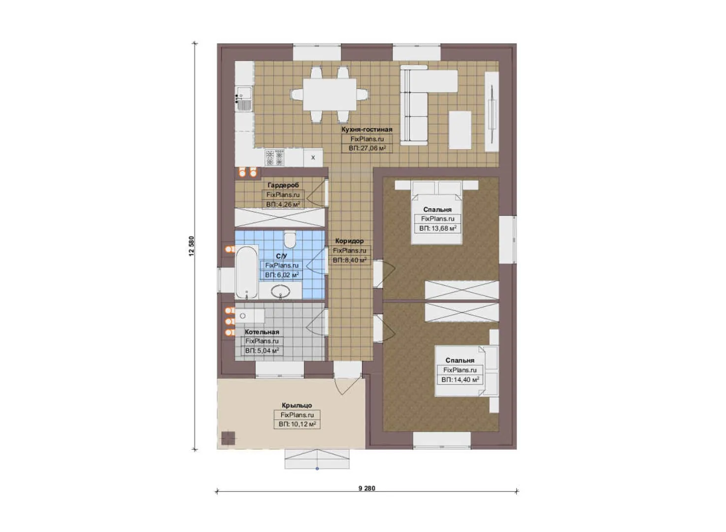 F-18287 - План одноэтажного дома 10 на 13, площадью 90 м² с 2 спальнями