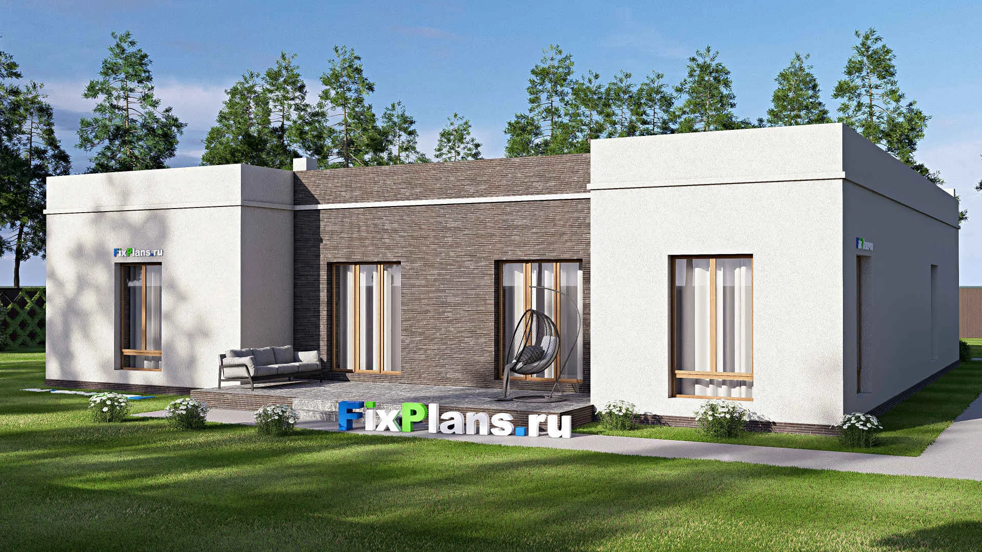 F-19898 - Проект одноэтажного дома 21 на 23, площадью 330 м² с террасой, гаражом на 2 машины и 3 спальнями