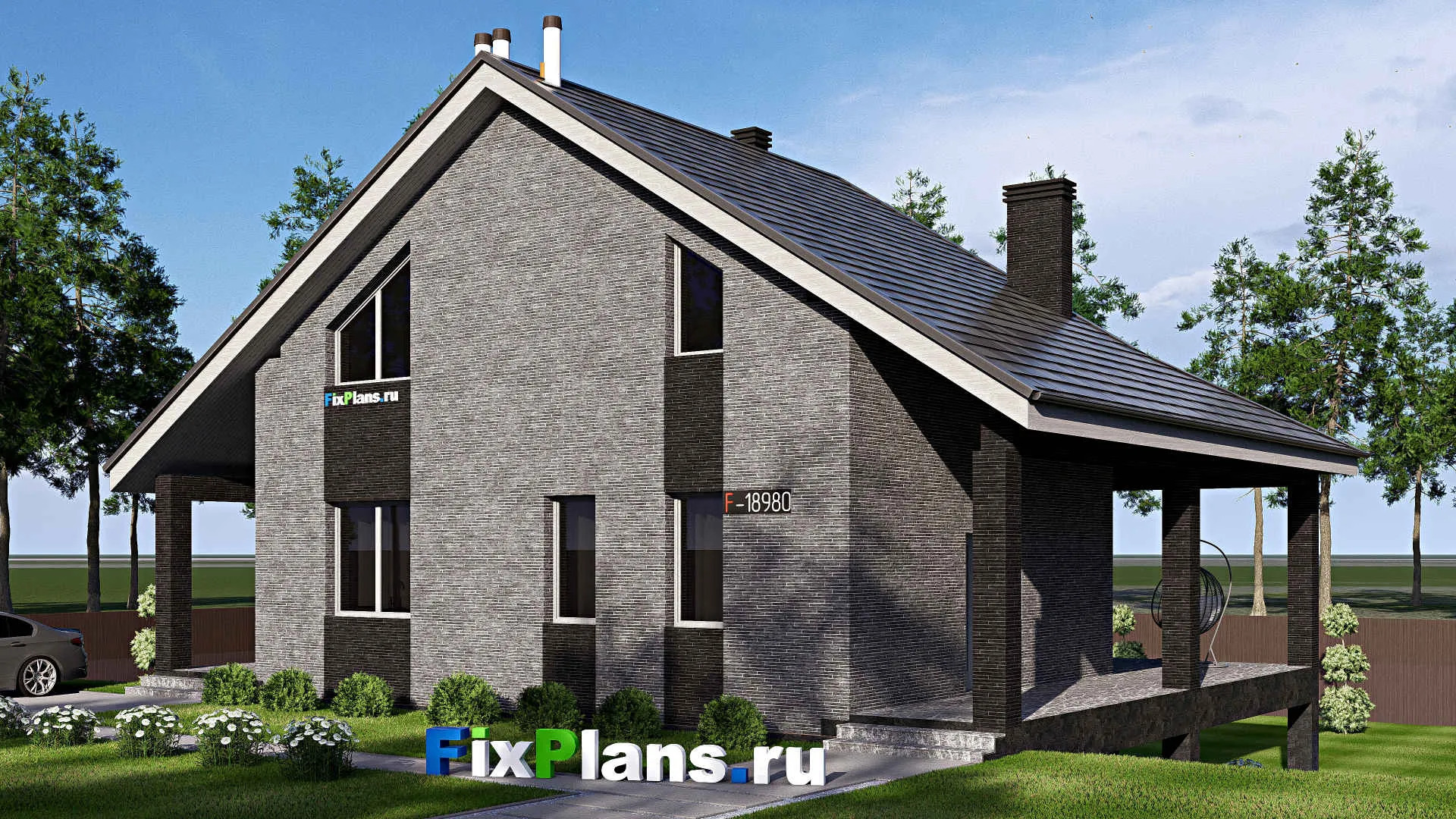 F-18980 - Проект дома с мансардой 12 на 16, площадью 230 м² с террасой, цокольным этажом и 3 спальнями