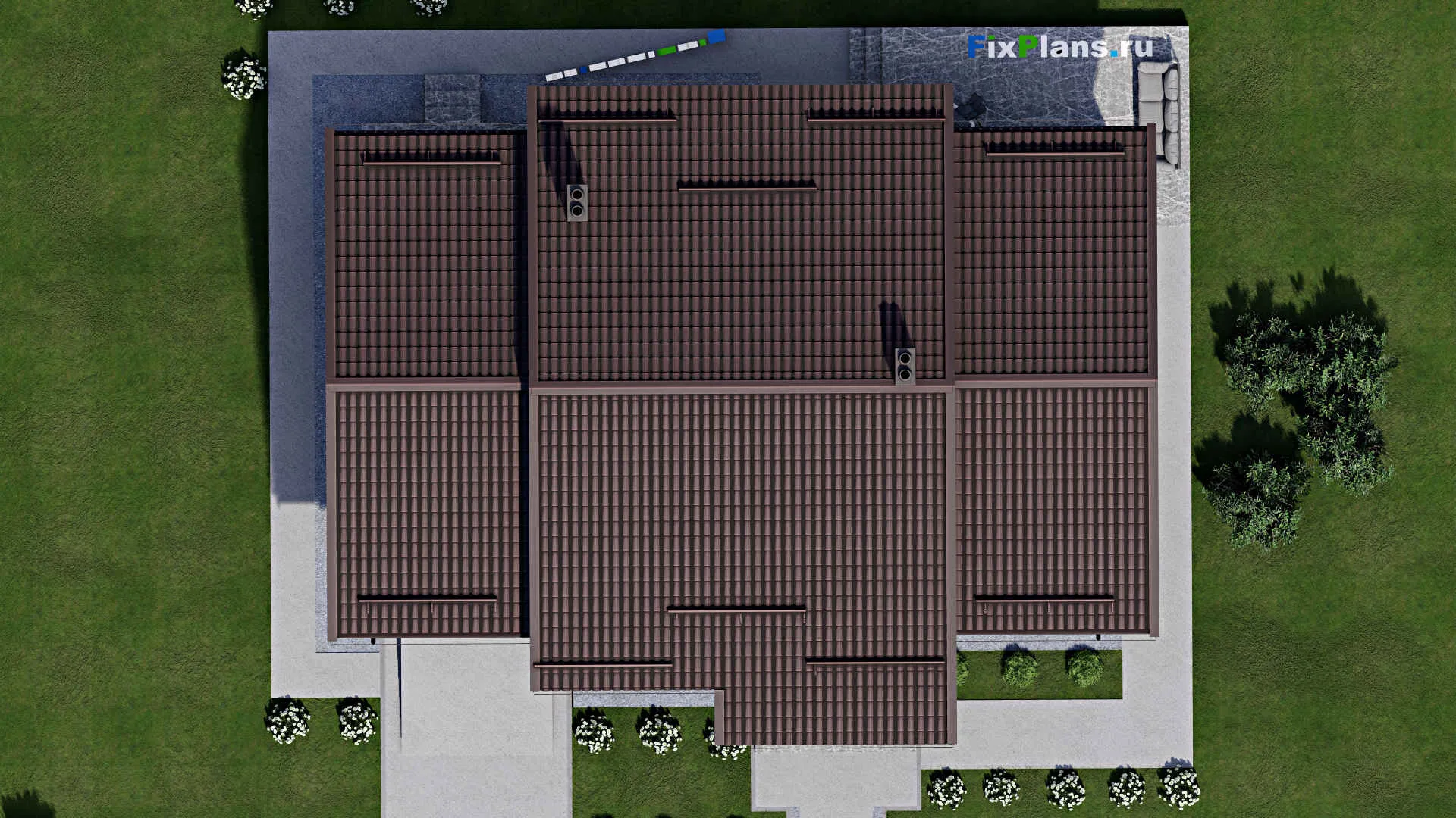 F-2060 - Проект одноэтажного дома 12 на 17, площадью 160 м² с террасой, гаражом на 1 машину и 3 спальнями