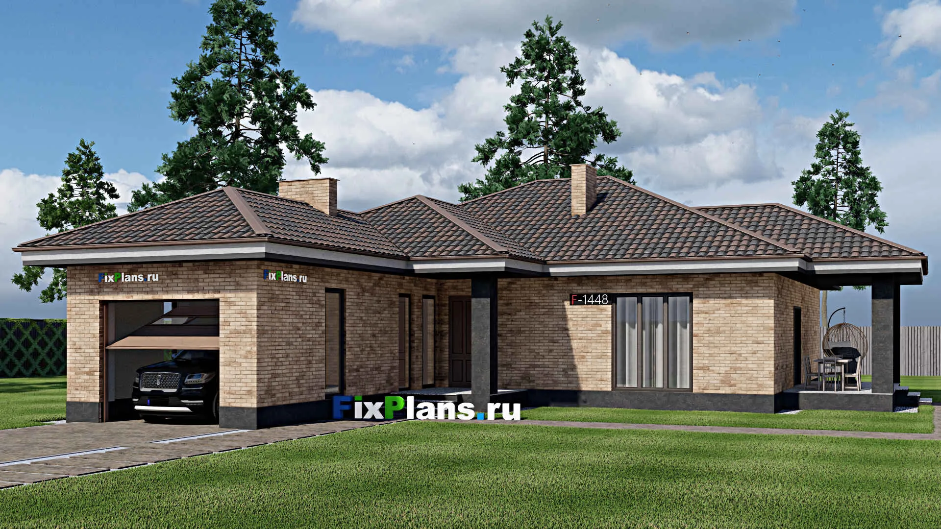 F-1448 - Проект одноэтажного дома 14 на 20, площадью 170 м² с террасой, гаражом на 1 машину и 3 спальнями
