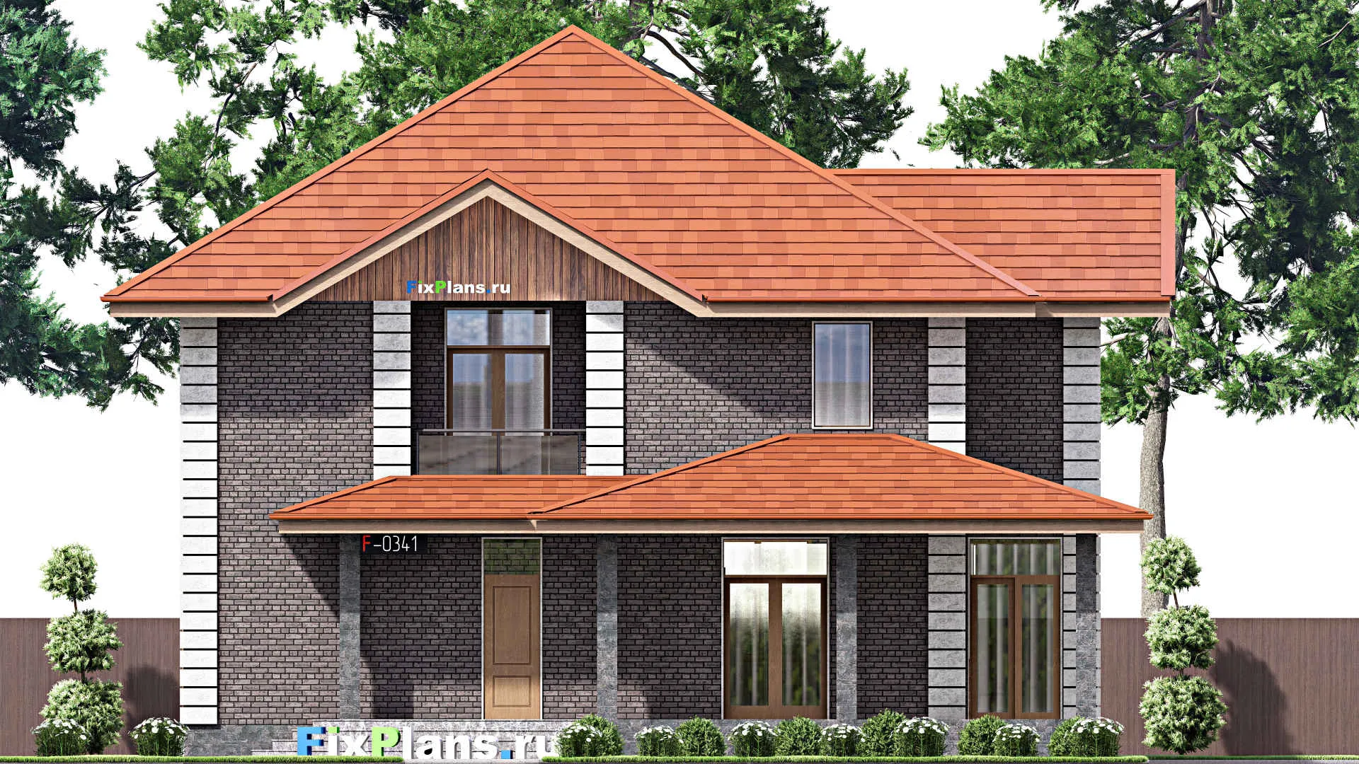 F-0341 - Планы двухэтажного дома 14 на 15, площадью 250 м² с террасой, балконом и 4 спальнями