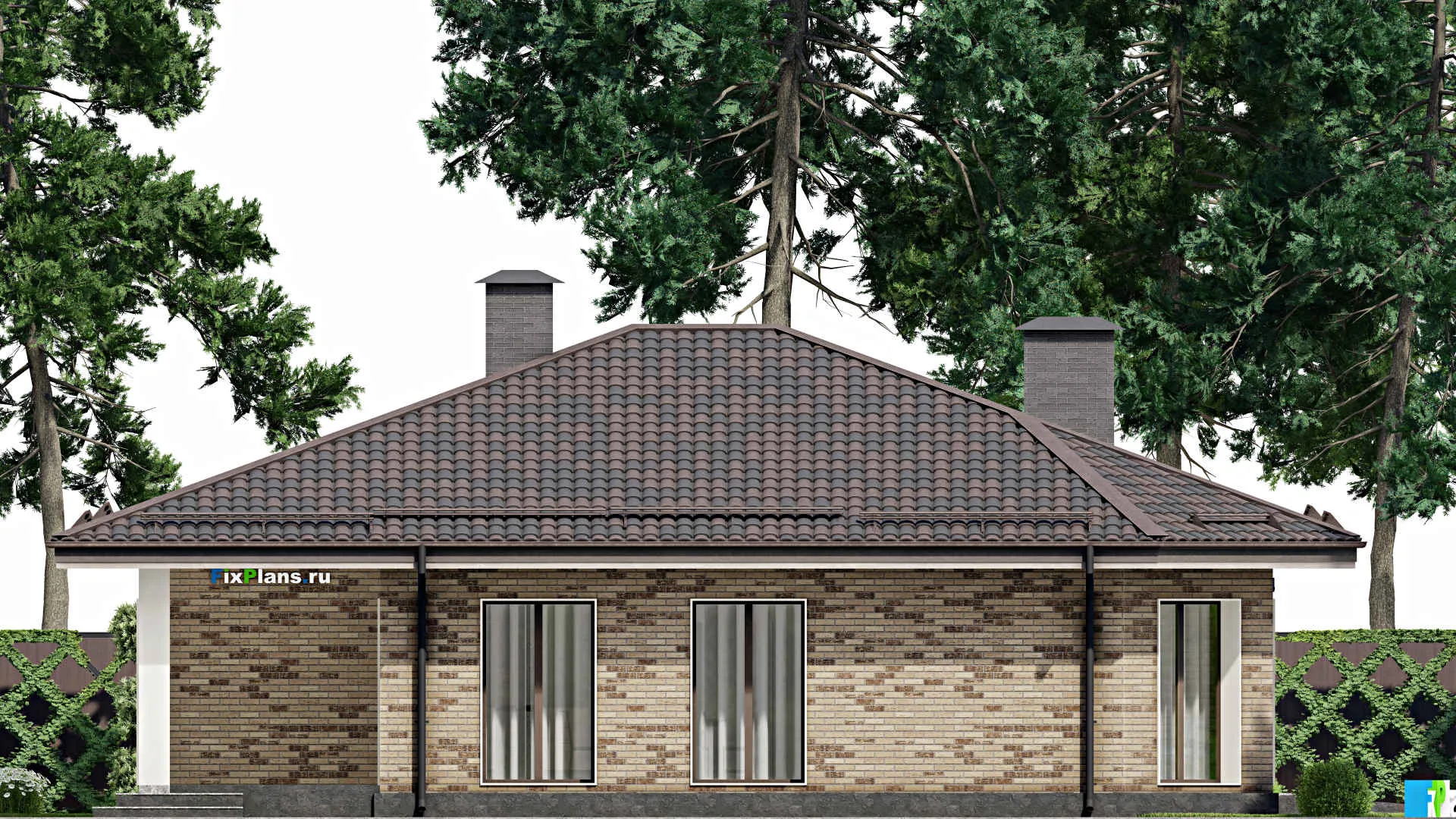 F-6740 - План одноэтажного дома 15 на 25, площадью 270 м² с террасой, гаражом на 2 машины и 3 спальнями