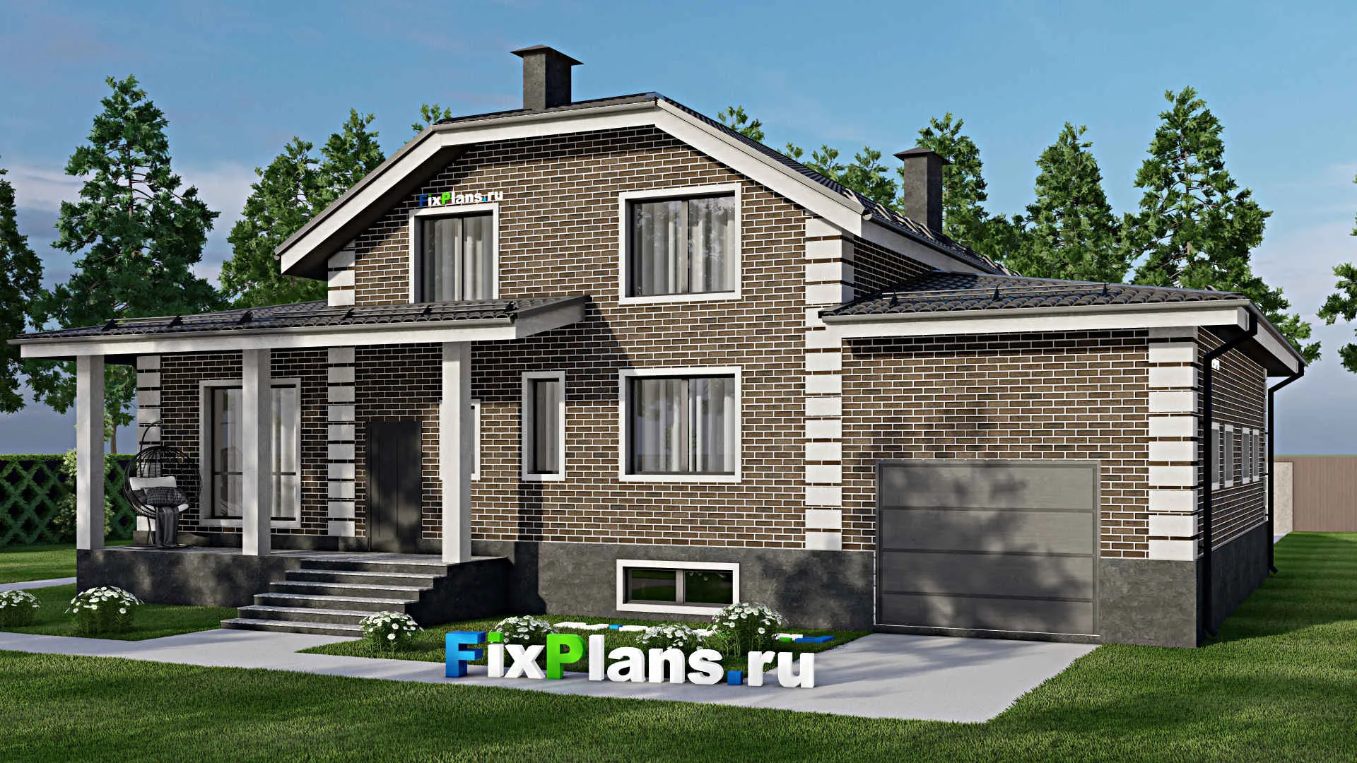 F-5759 - Проект дома с мансардой 13 на 18, площадью 320 м² с цокольным этажом, баней, гаражом на 2 машины и 5 спальнями