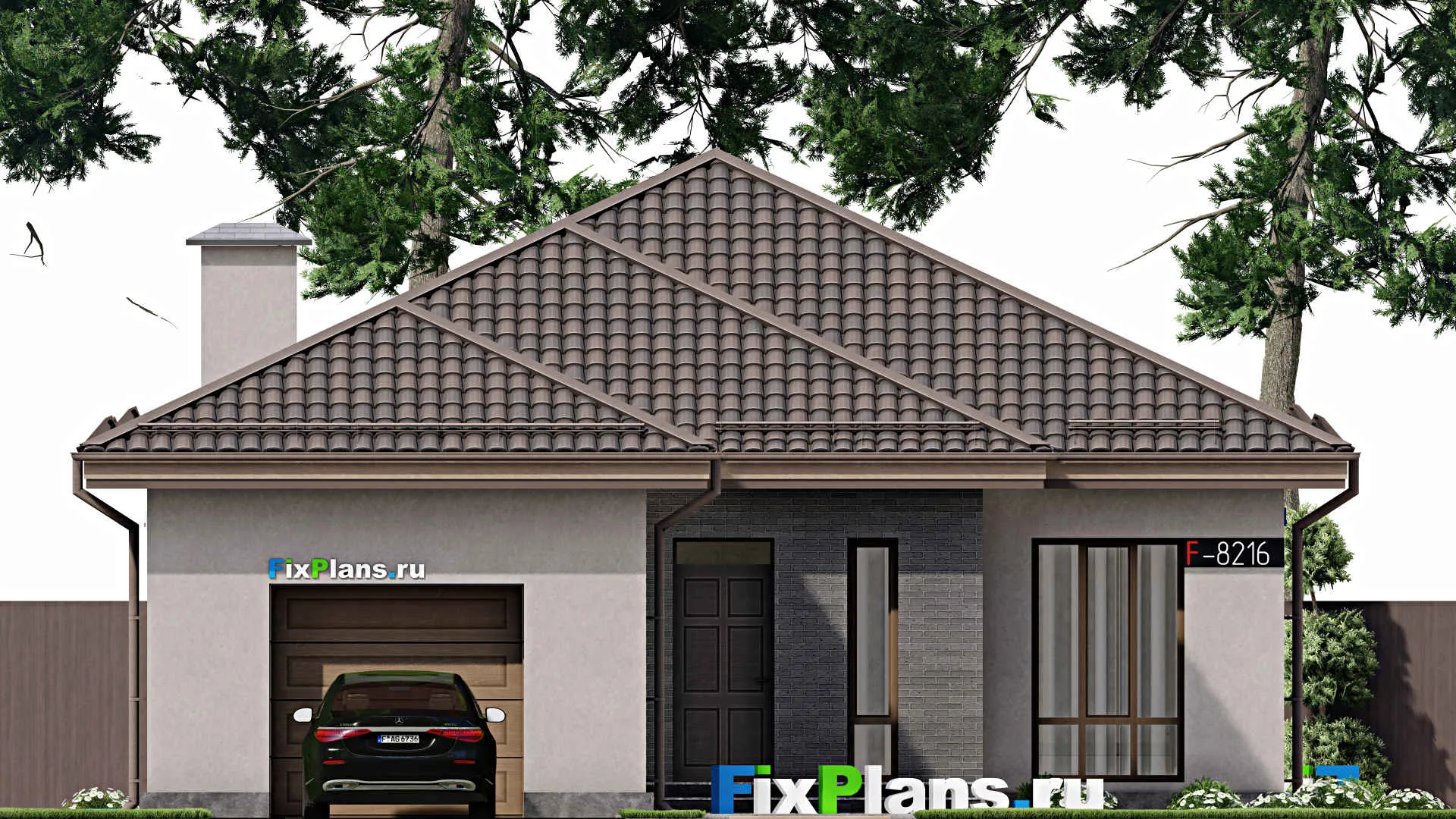 F-8216 - Проект одноэтажного дома 12 на 21, площадью 150 м² с гаражом на 1 машину и 3 спальнями