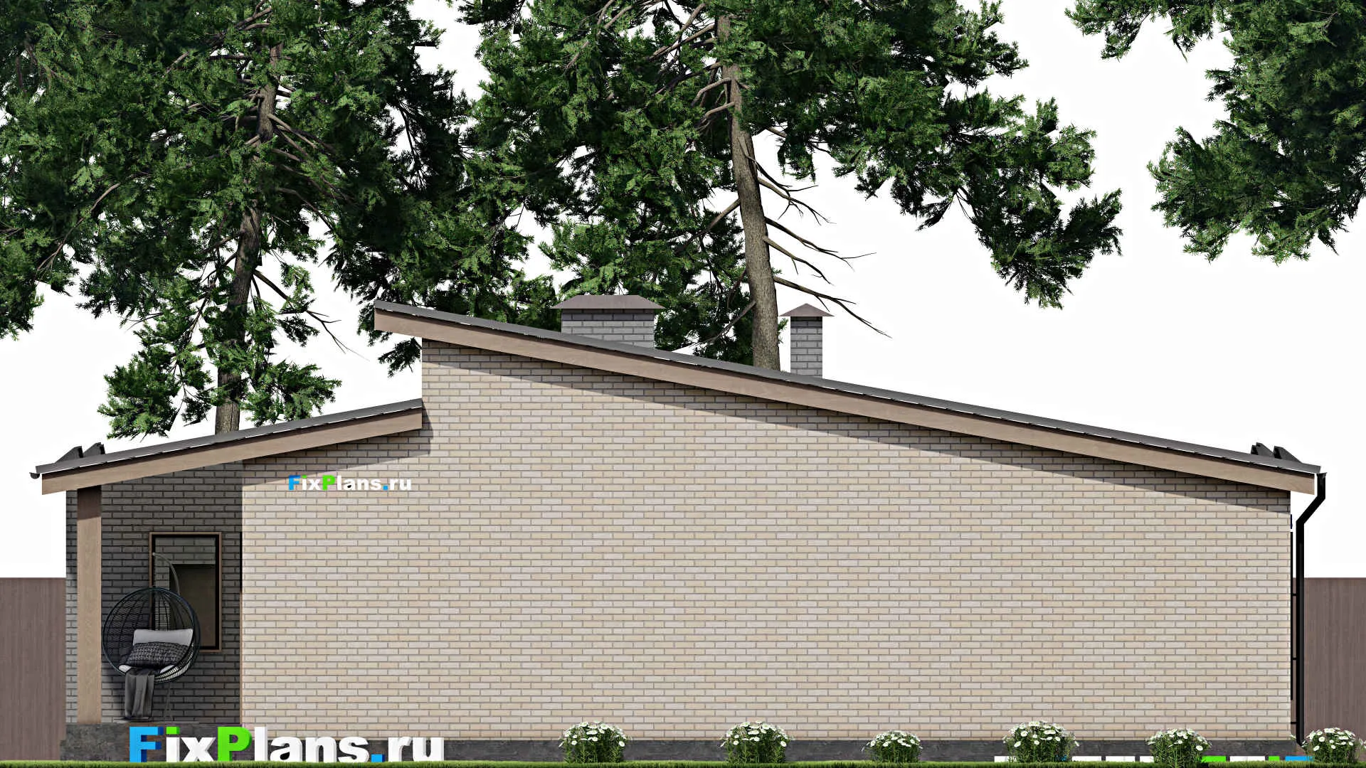 F-5696 - Проект одноэтажного дома 16 на 18, площадью 210 м² с террасой, гаражом на 1 машину и 3 спальнями