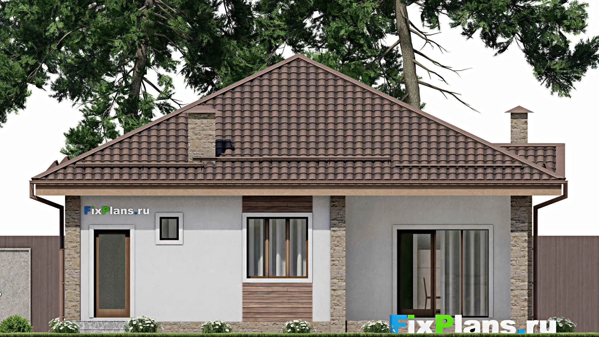 F-10151 - План одноэтажного дома 11 на 15, площадью 130 м² с террасой, баней и 3 спальнями