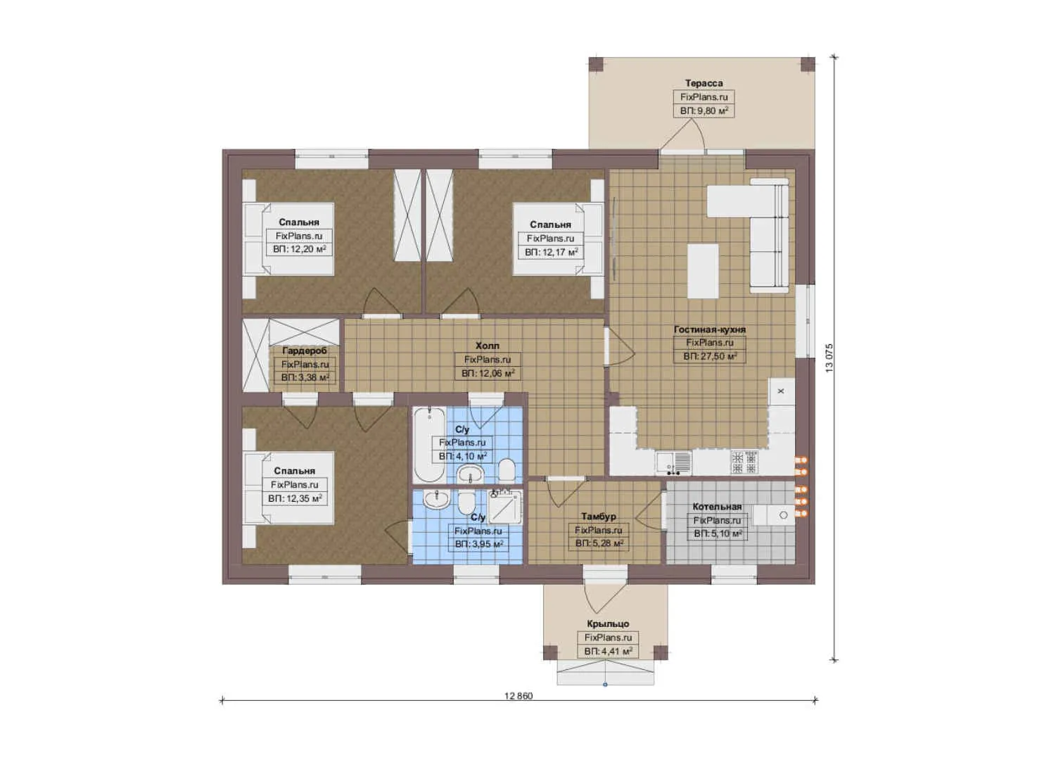 F-14327 - План одноэтажного дома 13 на 14, площадью 120 м² с террасой и 3 спальнями