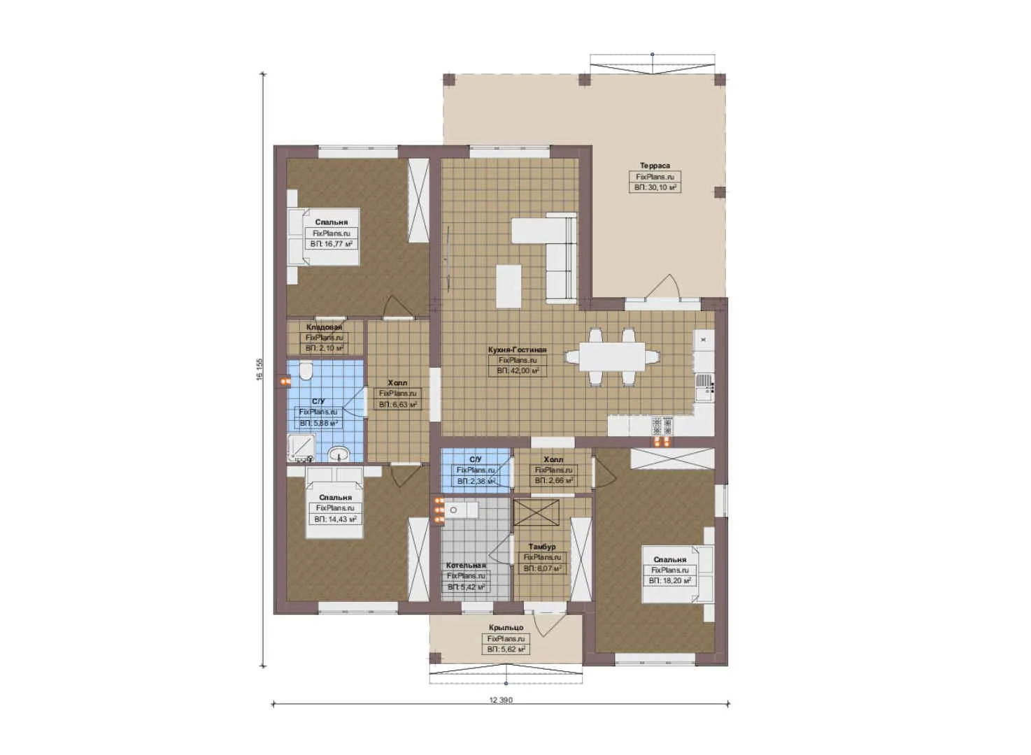 F-18521 - План одноэтажного дома 13 на 17, площадью 160 м² с террасой и 3 спальнями