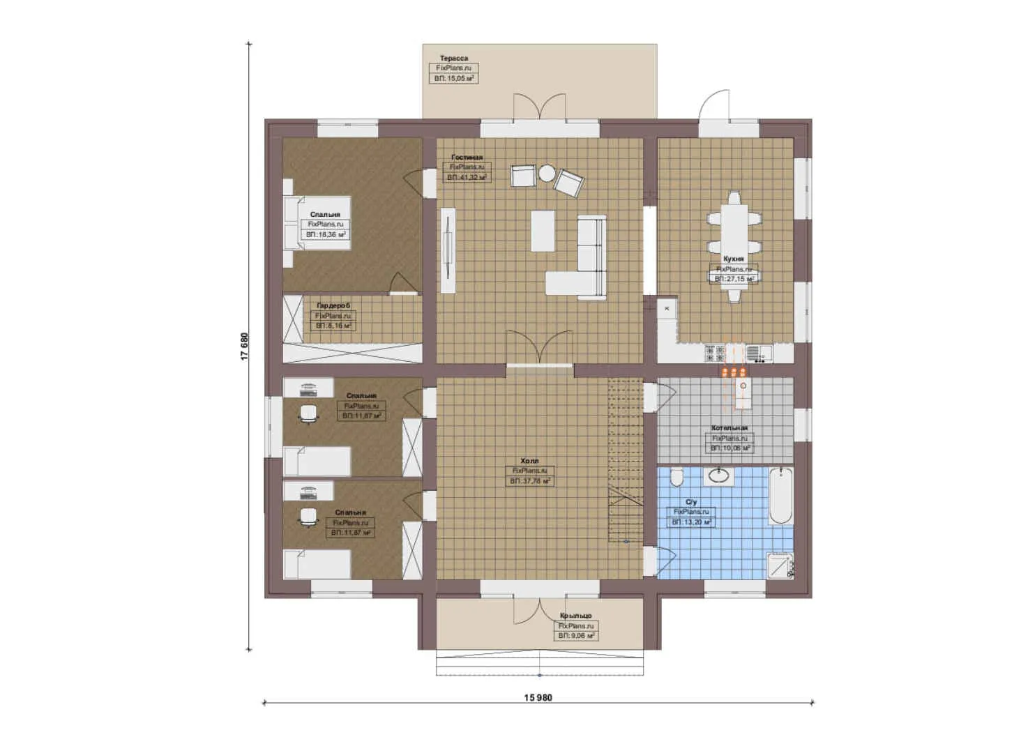 F-17594 - План одноэтажного дома 16 на 18, площадью 250 м² с террасой и 5 спальнями