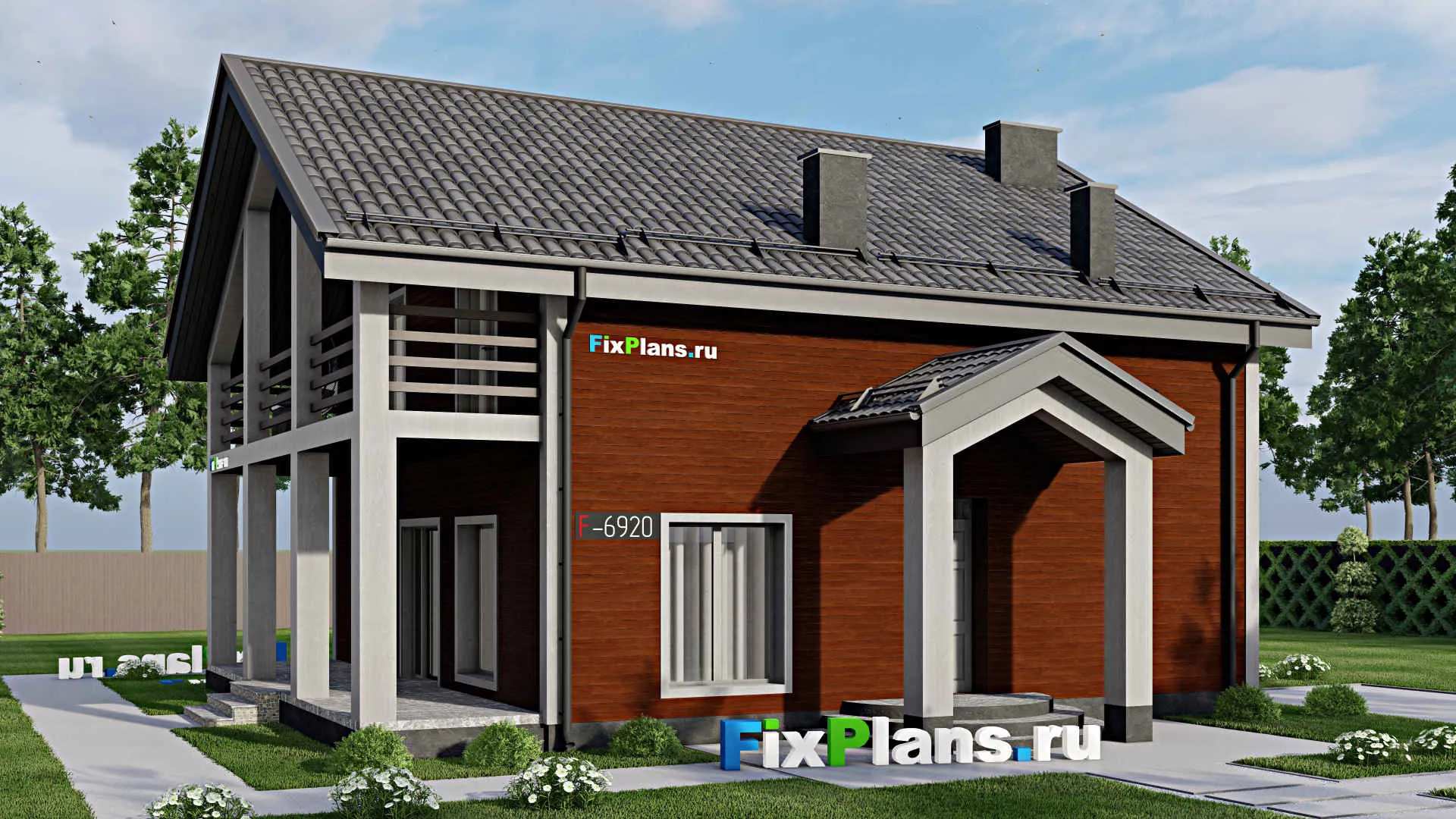 F-6920 - Проект дома с мансардой 10 на 12, площадью 200 м² с террасой, балконом и 4 спальнями