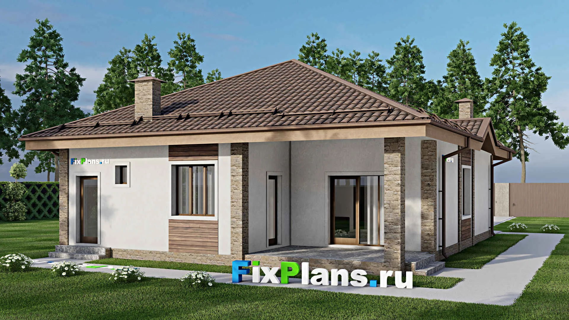 F-10151 - План одноэтажного дома 11 на 15, площадью 130 м² с террасой, баней и 3 спальнями