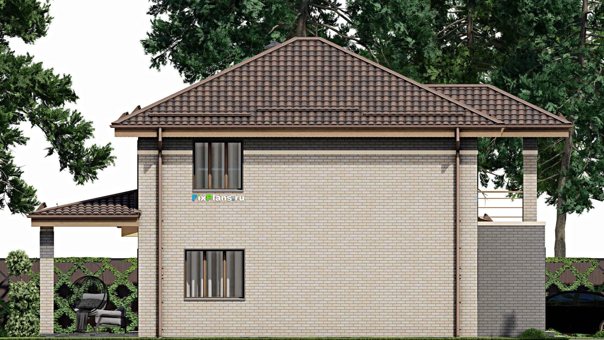 F-9152 - Проект двухэтажного дома 15 на 15, площадью 200 м² с террасой, балконом, гаражом на 1 машину и 6 спальнями