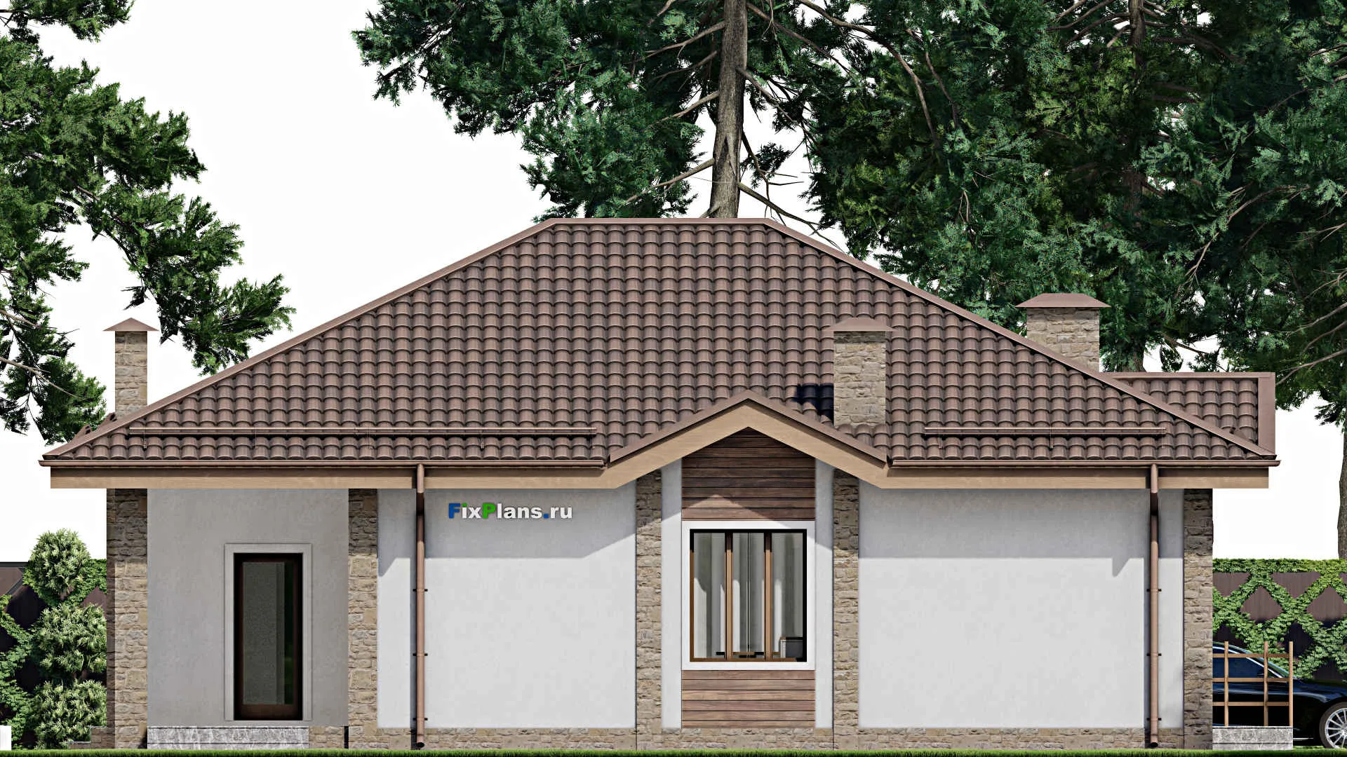 F-10151 - План одноэтажного дома 11 на 15, площадью 130 м² с террасой, баней и 3 спальнями