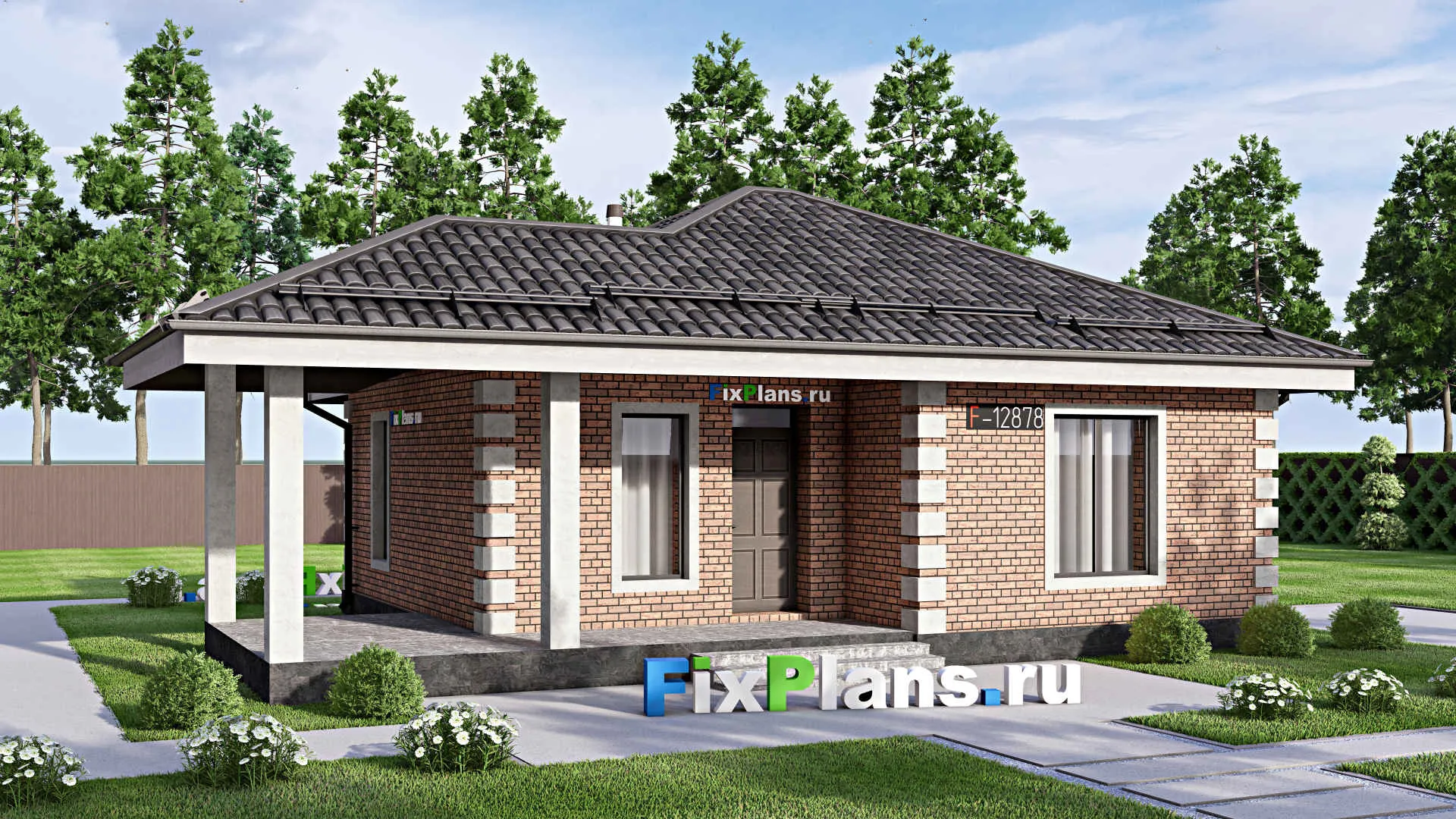 F-12878 - Проект одноэтажного дома 9 на 12, площадью 80 м² с террасой и 2 спальнями