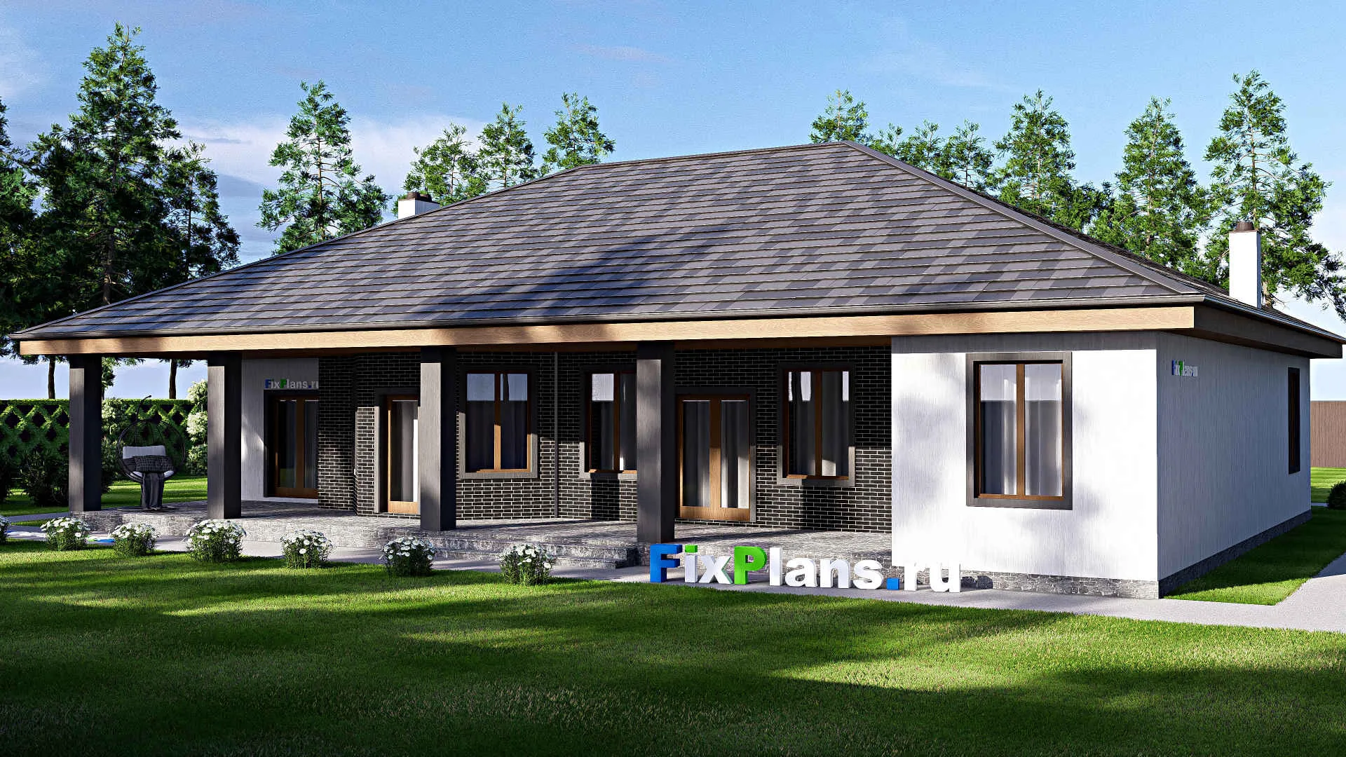 F-17297 - План одноэтажного дома 20 на 24, площадью 300 м² с террасой, гаражом на 2 машины и 4 спальнями