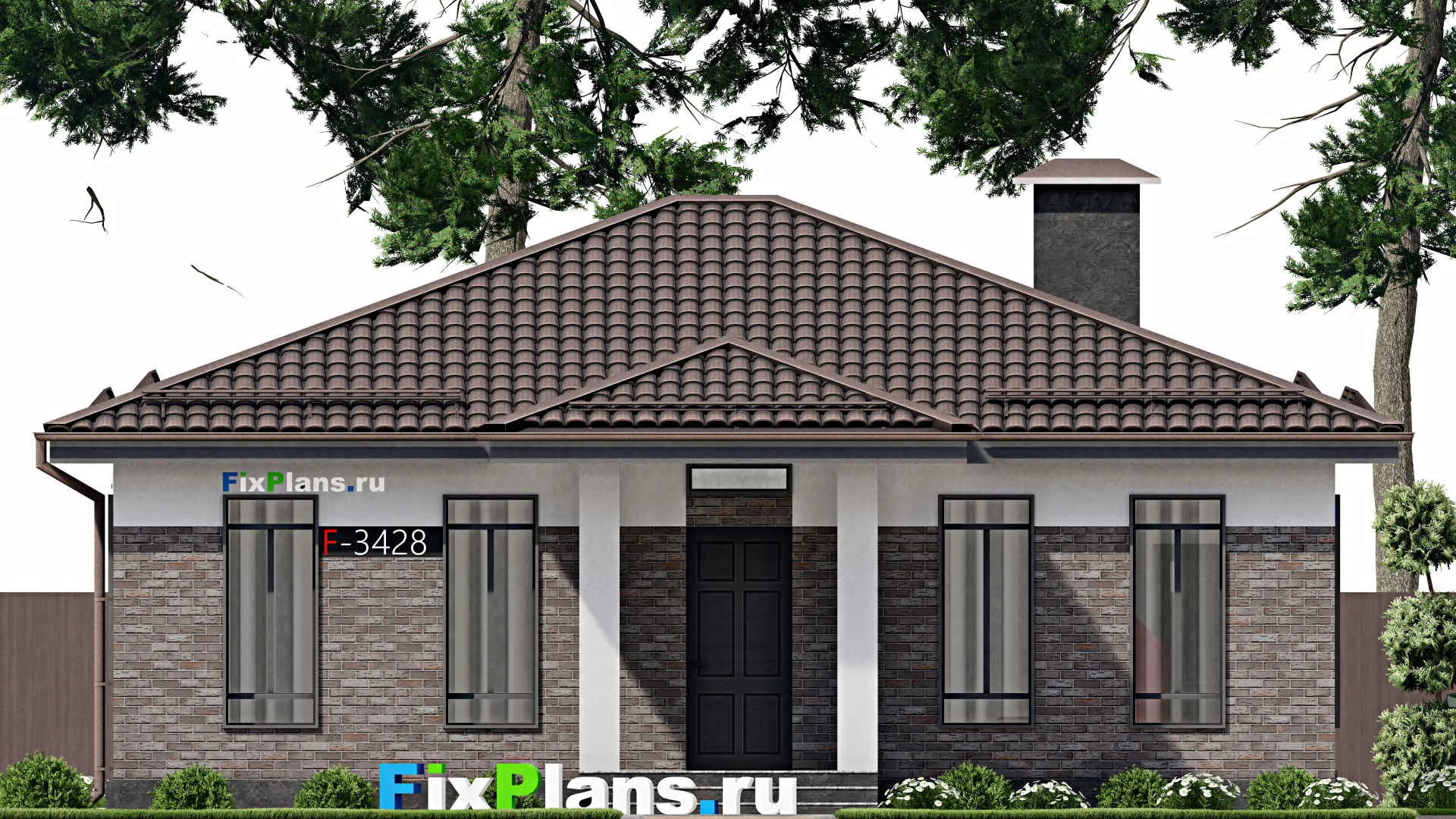 F-3428 - Проект одноэтажного дома 11 на 12, площадью 120 м² с террасой и 3 спальнями