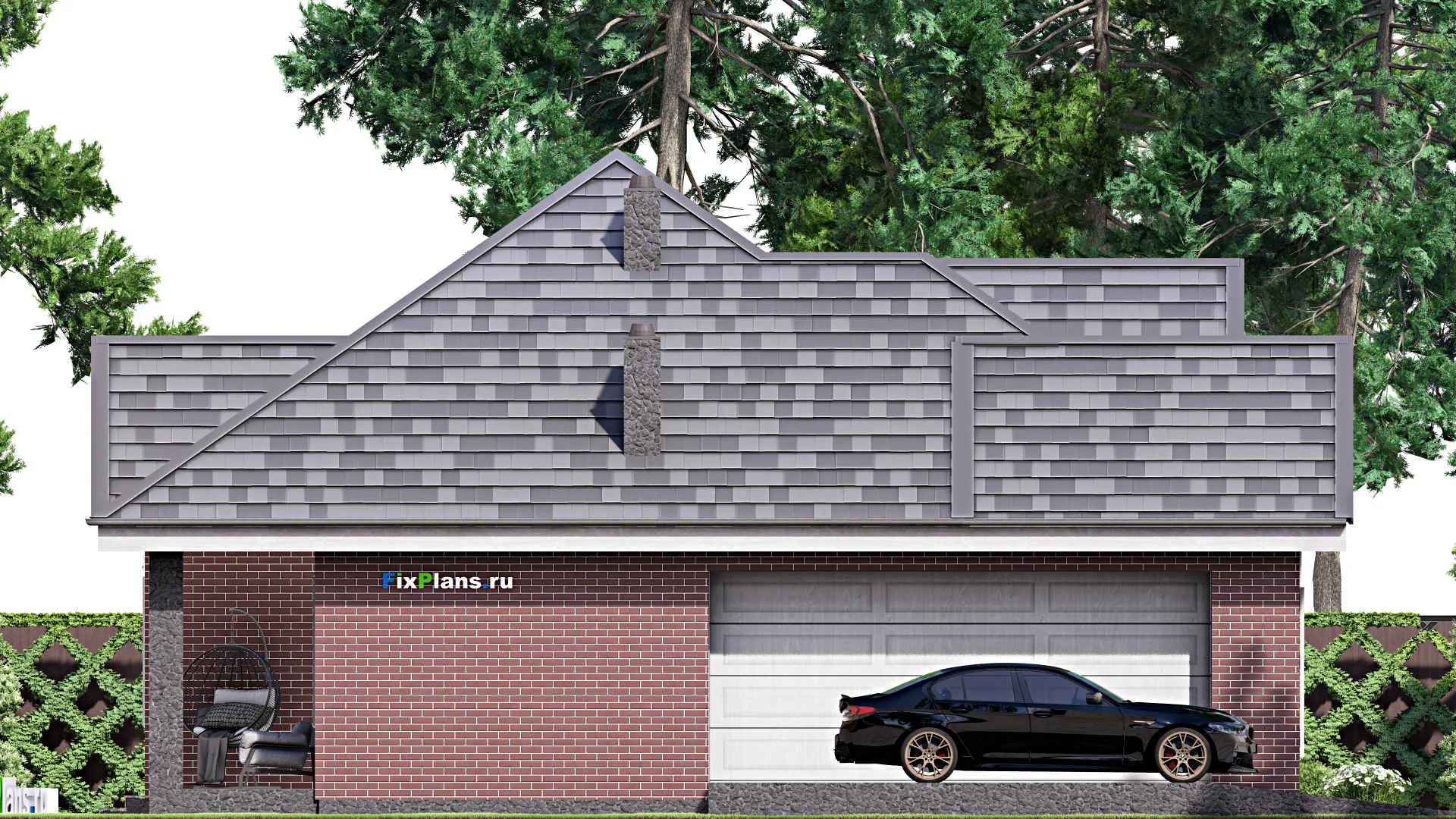 F-16721 - План одноэтажного дома 14 на 18, площадью 180 м² с террасой, гаражом на 2 машины и 2 спальнями