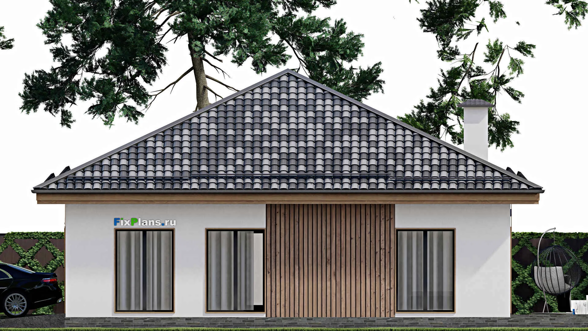 F-11195 - План одноэтажного дома 13 на 16, площадью 140 м² с террасой, гаражом на 1 машину и 3 спальнями